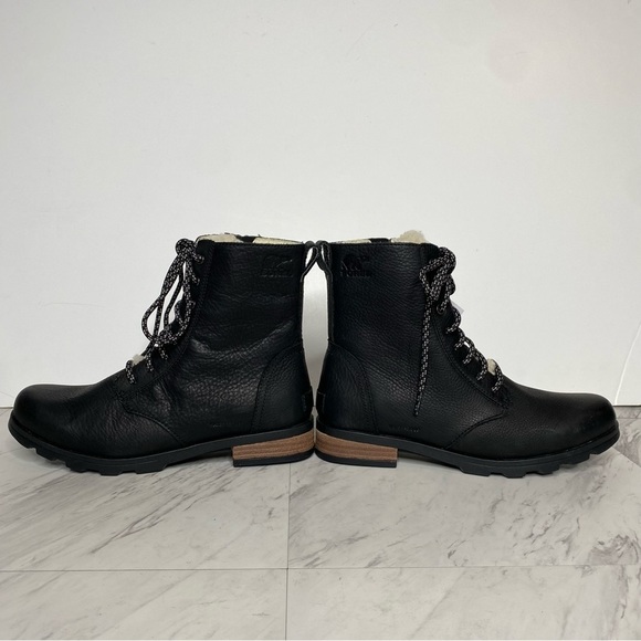 New! Sorel Emelie Black Leather Short Lace Up Boot 8 - Picture 7 of 15